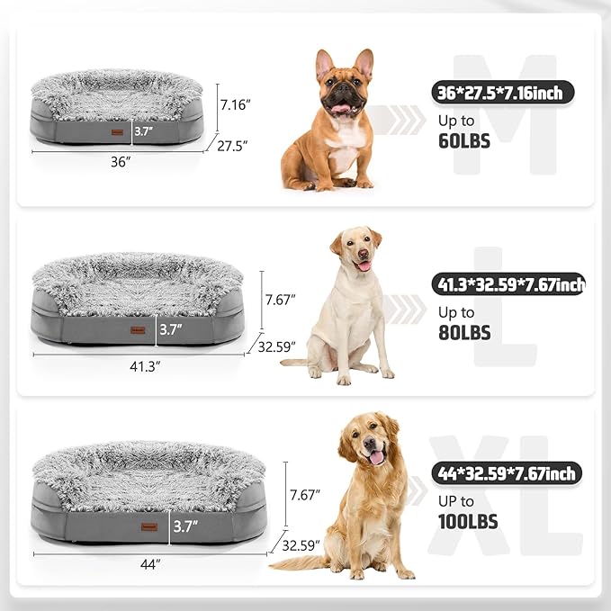 3.7 inch Thickened Orthopedic Dog Beds for Extra Large Dogs, Supportive Dog Sofa Bed with 28D Egg-Crate Foam, Removable Washable Cover, Waterproof Lining, Half-Round Design for Puppy,Senior,Sick-PurrikoPets
