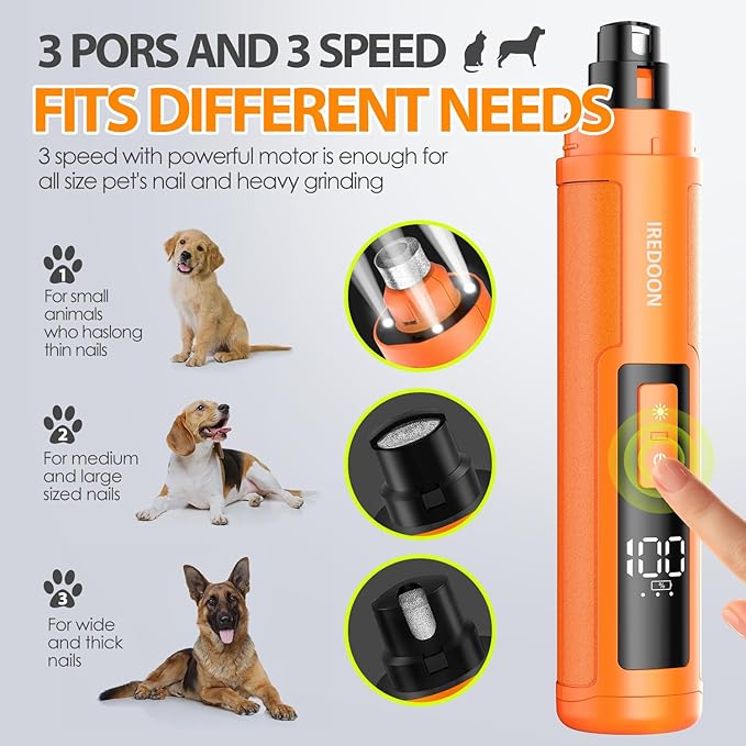 Dog Nail Grinder Upgraded - Professional 3-Speed Super Quiet and Low Vibration Electric Pet Nail Grinder with 4 LED Lights - Painless Paws Grooming & Smoothing for Small to Large Dogs (Orange)-PurrikoPets