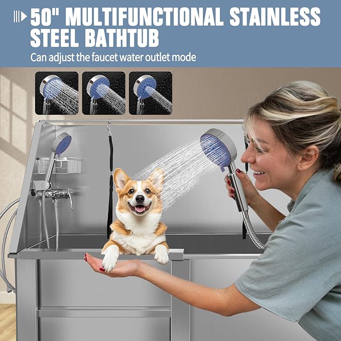 50" Pet Dog Bathing Station W/Stairs, Professional Stainless Steel Dog Grooming Tub W/Soap Box, Faucet,Rich Accessory, Dog Bathtub for Large,Medium,Small Pets, Washing Sink for Home (50" Left ramp)-PurrikoPets