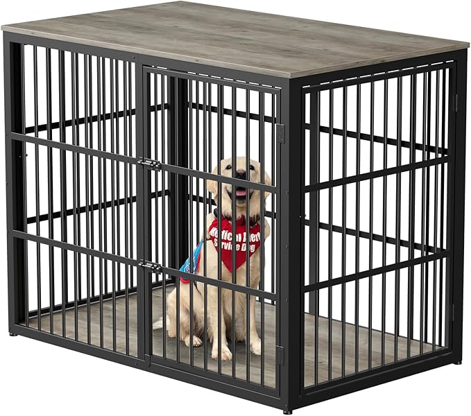 48'' XXL Dog Crate Furniture with 3 Doors, Wooden Crate End Table Heavy Duty Indoor Combination Cage for Medium to Large Dogs, Multiple Units Can be Combined, Grey-PurrikoPets