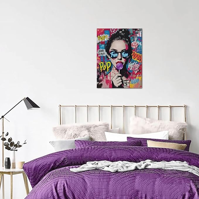 Fashion Women Wall Art Glam Modern Artwork for Girls Banksy Street Graffiti Pop Art Canvas Pictures Painting Print Framed Decorations Gifts for Bedroom Living Room Office 12"x16"-PurrikoPets