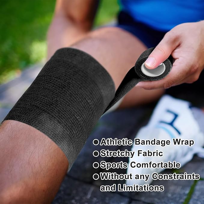 24 Pack Self Adhesive Bandage Wrap, 2” x 5 Yards Elastic Cohesive Bandage Wrap Black Athletic Tape Grip Tape for Ankle, Wrist Sprains, Sports Injuries & Pet First Aid | Medical Sports Tape-PurrikoPets