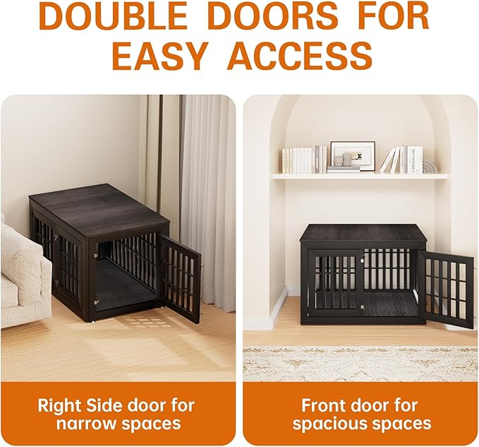 42" Heavy Duty Dog Crate Furniture for Small,Medium and Large Dogs,Rustic Wooden Dog Cage Kennel Indoor Furniture with Waterproof Top,Decorative Pet House Side End Table (Black & Grey)-PurrikoPets