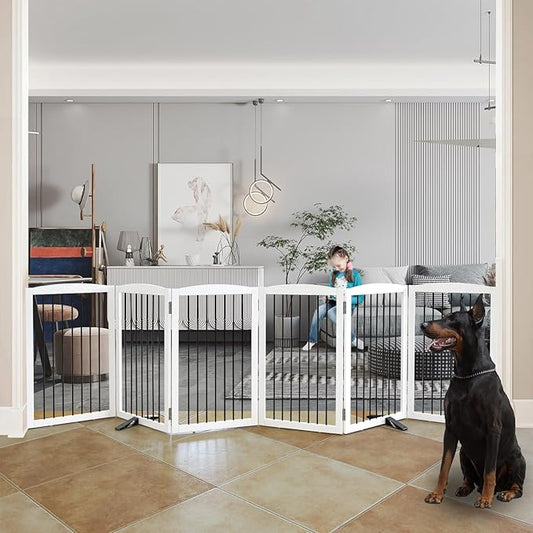 Freestanding Panel Dog Gate for Indoor, Doorways,Stairs, or Hallways,Foldable Wooden Dog Gates for House,Pet Gate for Dogs,Dog Fence, Puppy Gate,Support Feet Included,32 "Height-6 Panels,White-PurrikoPets