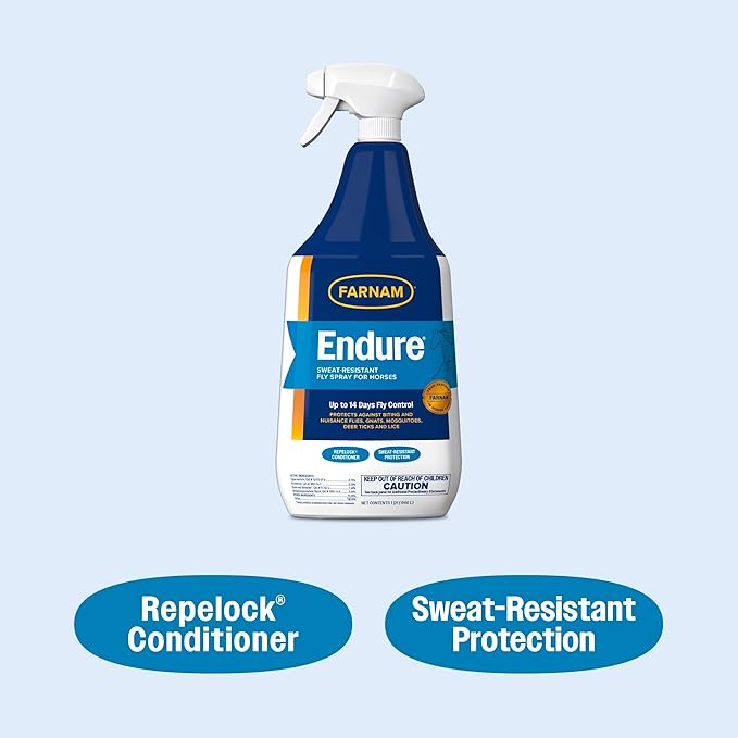Farnam Endure Sweat-Resistant Fly Spray for Horses, Lasts Up to 14 Days, Protects Against Flies, Gnats, Mosquitoes, Ticks & Lice, 32 oz.-PurrikoPets