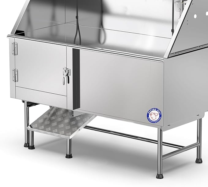 Flying Pig 62" Stainless Steel Pet Dog Grooming Bath Tub with Walk-in Ramp & Accessories (Left Door/Right Drain)-PurrikoPets