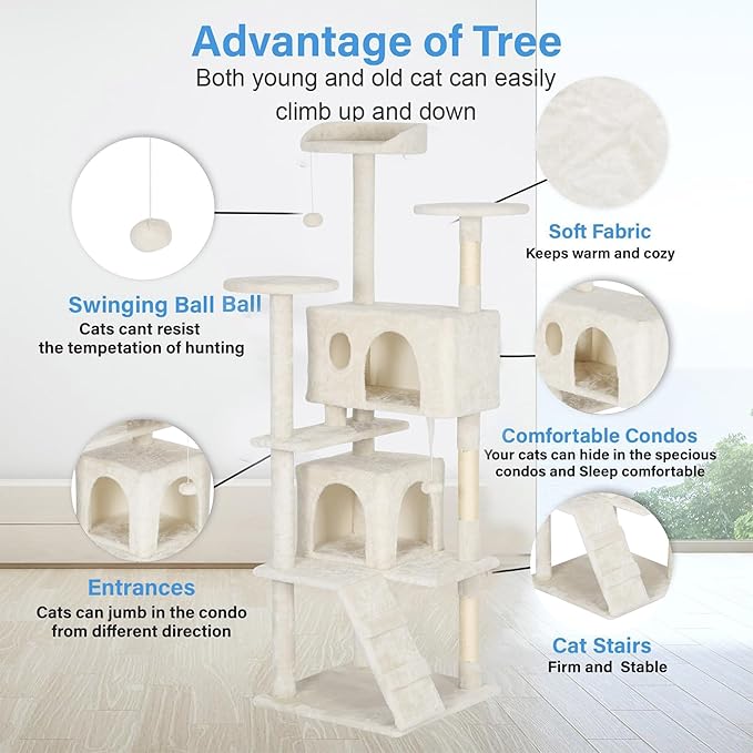 FDW Cat Tree Tower 62in Multi-Level Durable Cat Scratching Post & Cozy Fun Jumping Platform Space Saving Condo Pet Play House for Indoor Cats, Beige-PurrikoPets