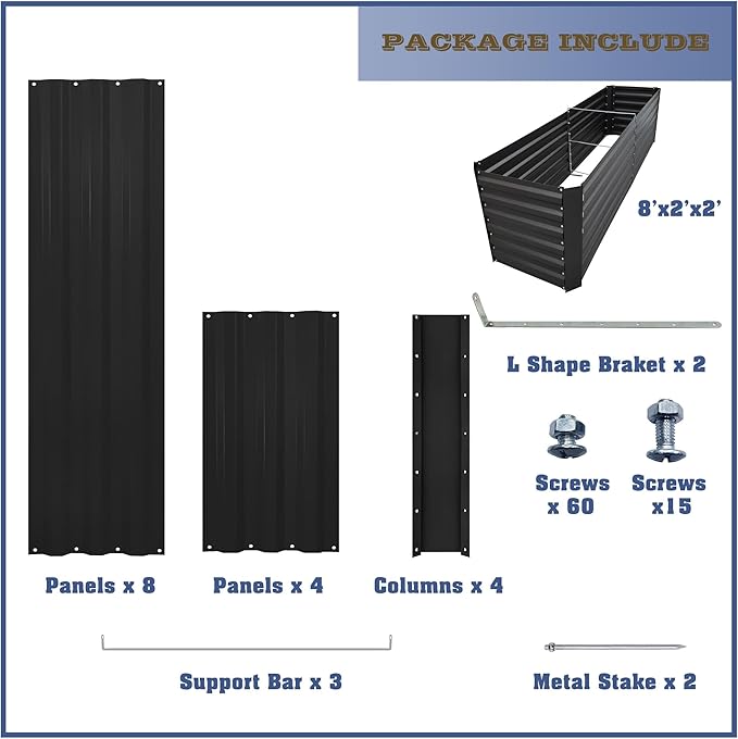 8x2x2FT Metal Raised Garden Bed Kit, Galvanized Outdoor Garden Bed Planter Box for Vegetables, Flowers, Herbs, Succulents and More, Black-PurrikoPets