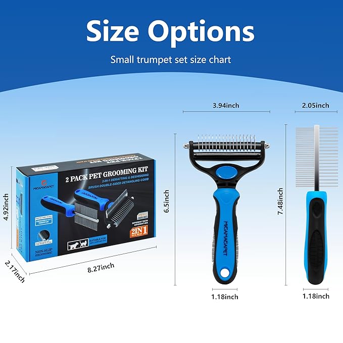 2-in-1 Shedding Brush and Detangling Comb Combo,Small Dog Stripping Brush, Dog and Cat Grooming Comb, 17 Stainless Steel Teeth Remove Tangled Hair, Pet Grooming Tools-Small-PurrikoPets