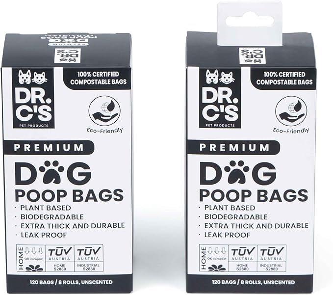 100% Certified Compostable Dog Poop Bags - Dr. C's Premium Dog Poop Bags - 120 Bags / 8 Rolls, Extra thick, Leak Proof, Unscented, Plant Based and Earth Friendly-PurrikoPets