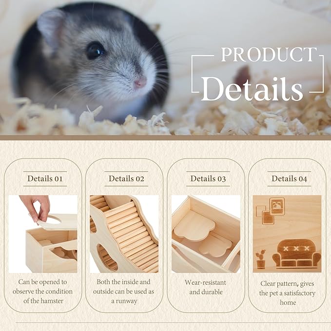 2 Pcs Hamster Houses and Hideouts Hamster Tunnel Set Wood House for Hamster with Climbing Ladder Exploring Tunnel Multi Chamber Maze for Small Animals Pets Gerbils Hedgehogs Rats Mice-PurrikoPets