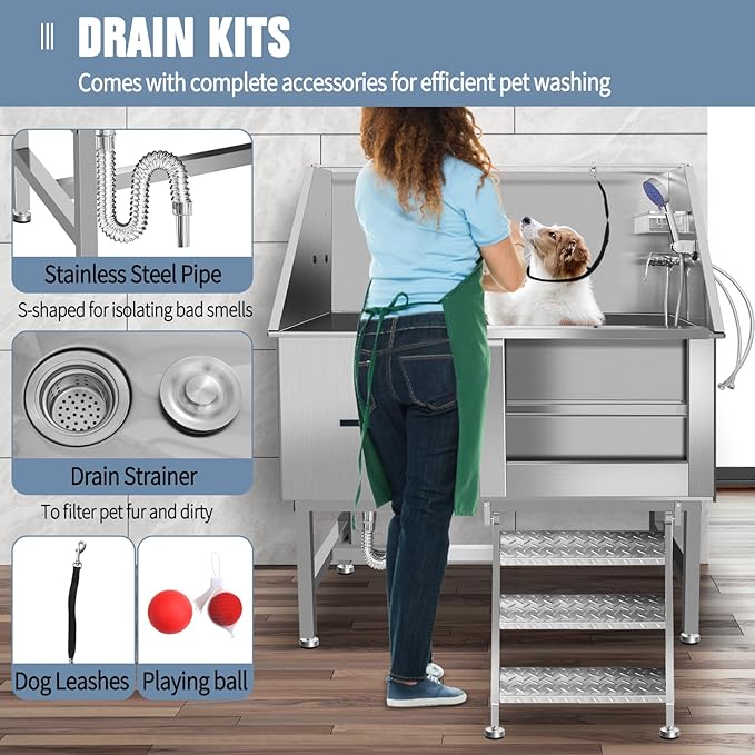 Dog Washing Station 38'' Stainless Steel Pet Grooming Tub for Large Dogs Over-Size Professional Dog Grooming Bathtub Station Wash Shower Sink Pet Grooming Bathtub Station-PurrikoPets