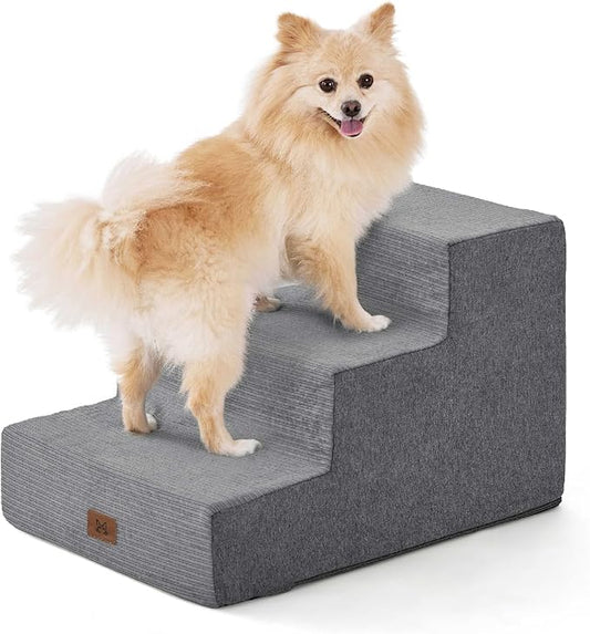 Dog Stairs for Bed, Dog Steps for Bed Couch Sofa, 35D Foam Pet Steps for Small Dogs and Cats, Extra Wide Pet Stairs with Non-Slip Bottom Grey, 3 Steps-PurrikoPets