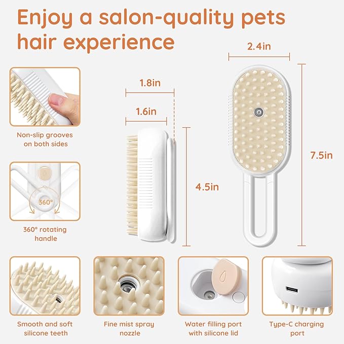 GKZ Cat Steam Brush, 3 in 1 Pet Comb for Massage, Cleaning, Shedding and Combing, Electric Mist to Prevent Flyaways for Home, Dogs and Cat Lovers - White-PurrikoPets