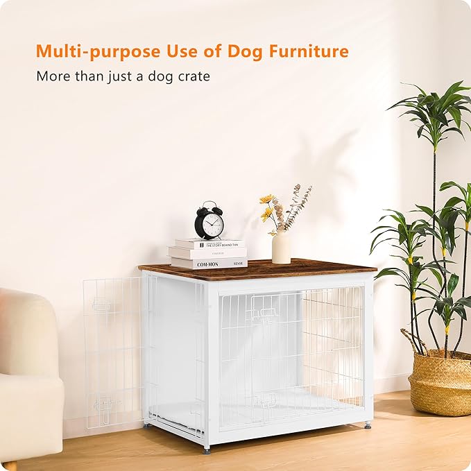 DWANTON Dog Crate Furniture with Cushion, Wooden Kennel Table with Double Doors, Indoor Dog House, Medium Size, 32.5" L, White+Rustic Brown-PurrikoPets