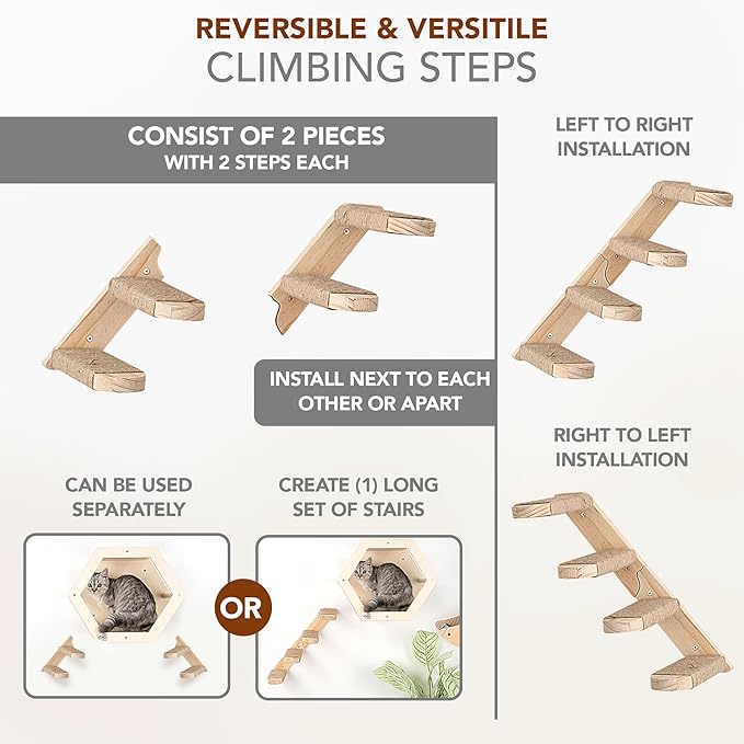 3-Piece Cat Wall Furniture Set - Hammock, Hexagon House, Climbing Steps - Wall Mounted Shelves, Perches, and Beds - Modern Design for Large Cats and Kittens & Spare Hammock Fabric Included-PurrikoPets