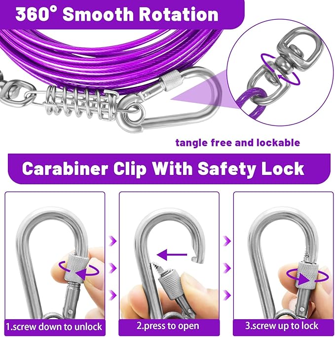 Dog Tie Out Cable - 10/15/20/25/30FT Heavy Duty for Large Dogs Up to 250LBS - Rosy Pink/Blue/Purple/Silver/Red/Green/Yellow-PurrikoPets