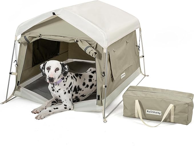 Dog Tent Cotton Fabric, Aluminum Poles and Camping Mat, Outdoor Weatherproof, Dog House Outdoor, Breathable with 2 Side Windows, Portable and Collapsible (Gray, Large)-PurrikoPets