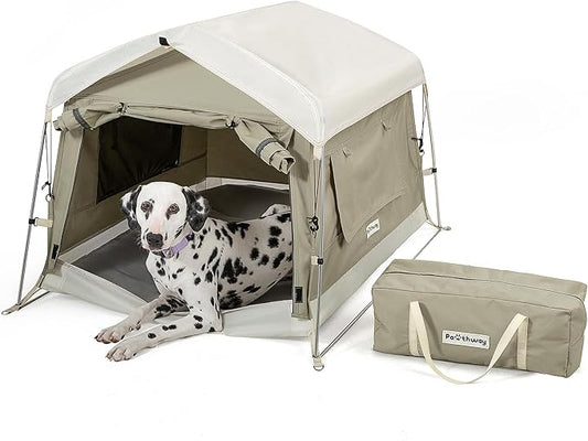 Dog Tent Cotton Fabric, Aluminum Poles and Camping Mat, Outdoor Weatherproof, Dog House Outdoor, Breathable with 2 Side Windows, Portable and Collapsible (Gray, Large)-PurrikoPets