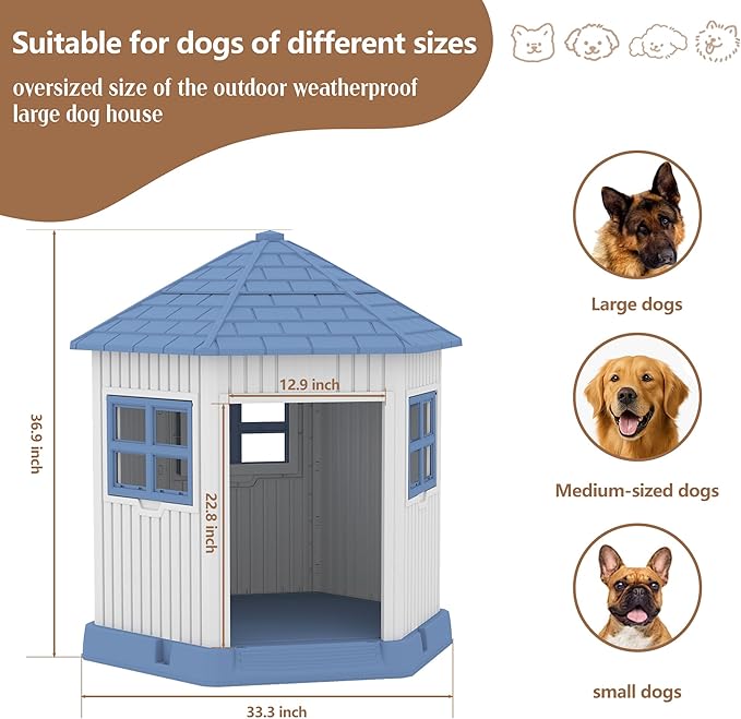 DRATO Dog House Indoor Outdoor Durable Large Dog Shelter with Outside Dog Kennel with Window and Elevated Floor for Small Medium Dogs (Blue, 34.8 * 30.51 * 36.89)-PurrikoPets