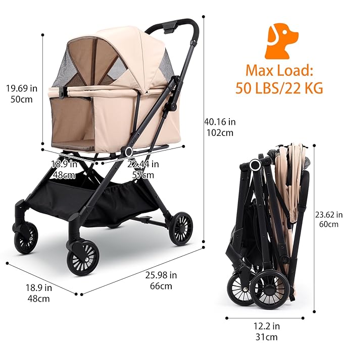 Foldable Dog Stroller - Lightweight Pet Stroller with One-Step Folding, No Assembly Required for Walking, Travel & Shopping, Perfect for Small Dogs, Senior Pets & Cats-PurrikoPets