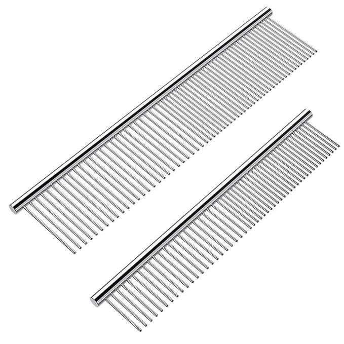 2 Pack Dog Combs with Rounded Ends Stainless Steel Teeth, Cat Comb for Removing Tangles and Knots, Professional Grooming Tool for Long and Short Haired Dog, Cat and other pets, 6.3IN/7.4IN-PurrikoPets