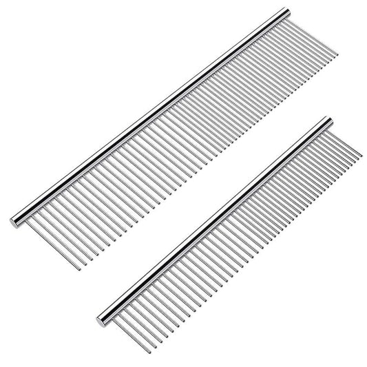 2 Pack Dog Combs with Rounded Ends Stainless Steel Teeth, Cat Comb for Removing Tangles and Knots, Professional Grooming Tool for Long and Short Haired Dog, Cat and other pets, 6.3IN/7.4IN-PurrikoPets