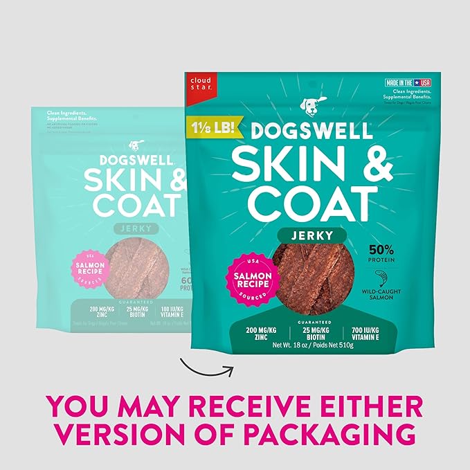 DOGSWELL Jerky Treats for Dogs, Skin and Coat Salmon Recipe 18 oz., 29235-PurrikoPets