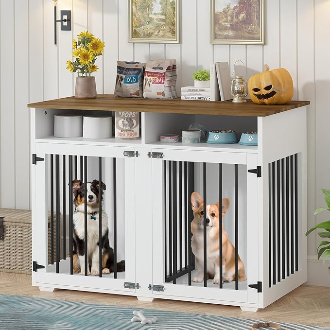 Furniture Dog Crate for 2 Dogs, 41 Inch Dog Kennel Furniture with Removable Divider and Shelf Storage, Wooden Dog Crate for Small/Medium Dogs, White-PurrikoPets