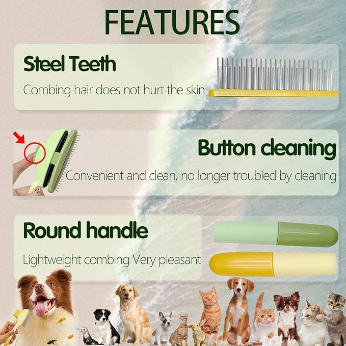 2Pcs Flea Comb for Cats Dogs,Long & Short Stainless Steel Metal Teeth for Shedding and Tangles,Cat Combs for Indoor Cats-PurrikoPets