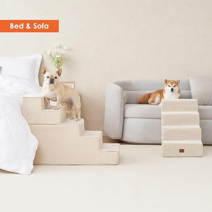 EHEYCIGA Dog Stairs for High Bed 25" H, 5-Step Extra Wide Dog Steps for Bed, Pet Steps for Small Dogs and Cats, Non-Slip Balanced Pet Ramp Indoor, Beige-PurrikoPets
