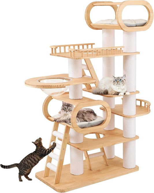 76.8'' Tall Modern Large Cat Tree,Multi-Level Wood Cat Tower for Indoor Cats Large Adults,Luxury Heavy Duty Cat Condo with Cushion,Scratching Posts,Clear Hammock Activity (76.8inch)-PurrikoPets