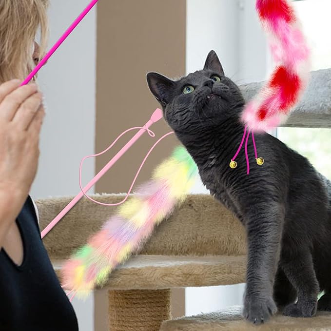 2 Pack Cat Wand Toy, Rainbow Cat Feather Toys with Bells, Teaser Wand with Soft Furry Tail, Interactive Toys for Indoor Cats & Kitten & Kitty-PurrikoPets