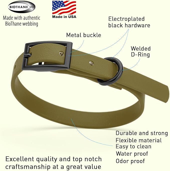 Dogline Biothane Waterproof Dog Collar Strong Coated Nylon Webbing with Black Hardware Odor- Proof for Easy Care Easy to Clean High Performance Fits Small Medium or Large Dogs, Olive Drab Green-PurrikoPets