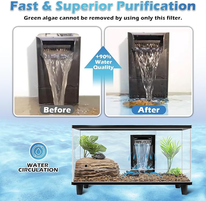 222GPH 10W Turtle Tank Filter Aquarium Filter Power Adjustable 10-40 Gal. Small Internal Filter 3-Stage Waterfall Bio-Filtration Quiet Low Water Level for Freshwater Saltwater Fish Tank Easy to Clean-PurrikoPets
