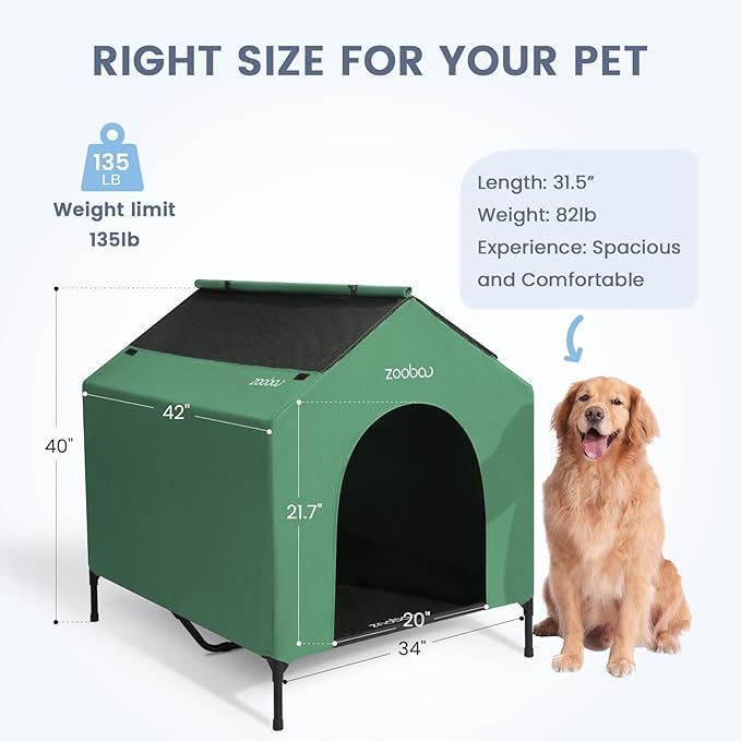 42" 2-in-1 Dog House for Medium Dogs, Elevted Dog House Outdoor/Indoor, Puppy Shelter Outside,Water Resistant 600D PVC and Durable 2x1 Textilene Raised Dog Bed(Green)-PurrikoPets