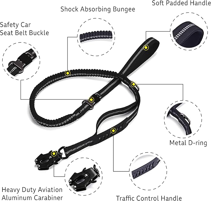 4-6FT Heavy Duty Dog Leashes for Large Dogs, Shock Absorbing Bungee Tactical Leash with 2 Padded Handle, Car Seatbelt and Metal Carabiner Clip, Strong No Pull Dog Leash for Medium-PurrikoPets