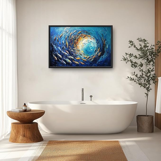 Extra Large Framed Abstract Ocean Fish Wall Art,Oversized Blue Sea Nautical Fish Wall Decor Pictures for Living Room,Canvas Print Painting Modern Artwork Bedroom Office Bathroom Home Decor 36L x24W-PurrikoPets