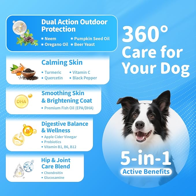 Dog Flea and Tick Support Chewable, Natural Dog Flea Comfort Supplement, Oral Chews with Neem, Oregano Oil, Pumpkin Seed Oil & Brewer's Yeast – 135 Soft Chews, Chicken Flavor – for All Breeds & Sizes-PurrikoPets