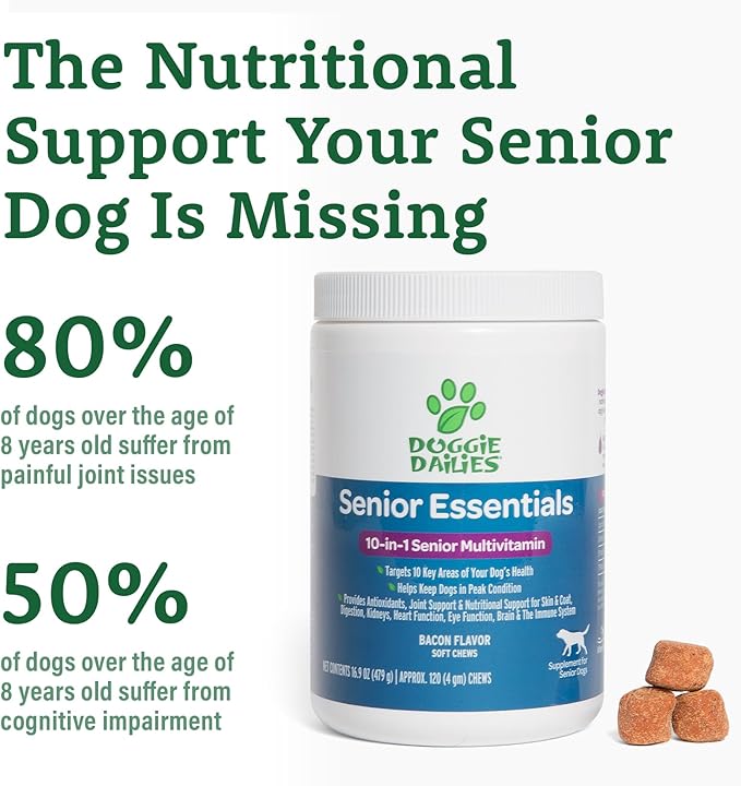 Doggie Dailies Senior Essentials Multivitamin for Dogs Soft Chews | Advanced Dog Multivitamin | Nutritional Support for Joints, Skin & Coat, Digestion, and the Immune System | Bacon Flavor | 120 Count-PurrikoPets