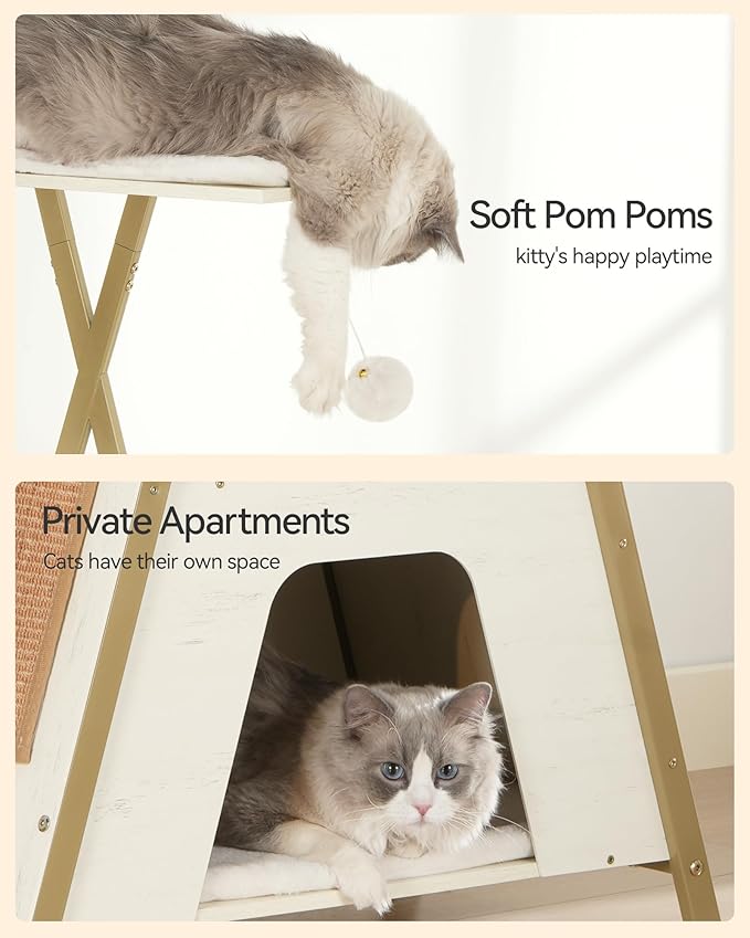 FourFurPets 72.4" Cat Tree, Modern Cat Tower for Indoor Cats, Multi-Level Cat Condo with Caves, Tall Cat Tree with Cat Scratching Board, Wooden Cat Tower with Large Perch, Removable Pads, White-PurrikoPets