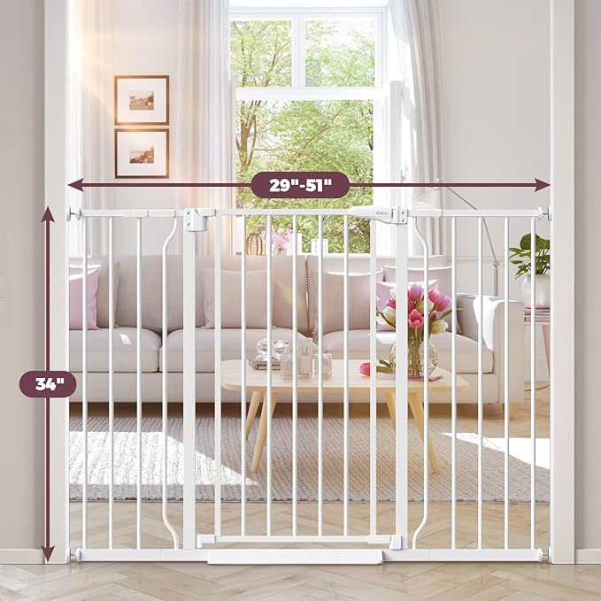 34" Extra Tall Baby Gate for Stairs, Auto Close Stroller Friendly Dog Gate Indoor for Doorways, Pressure Mounted 29"-51" W Baby Gate, Easy Walk Through Gate for Children & Pets, White-PurrikoPets