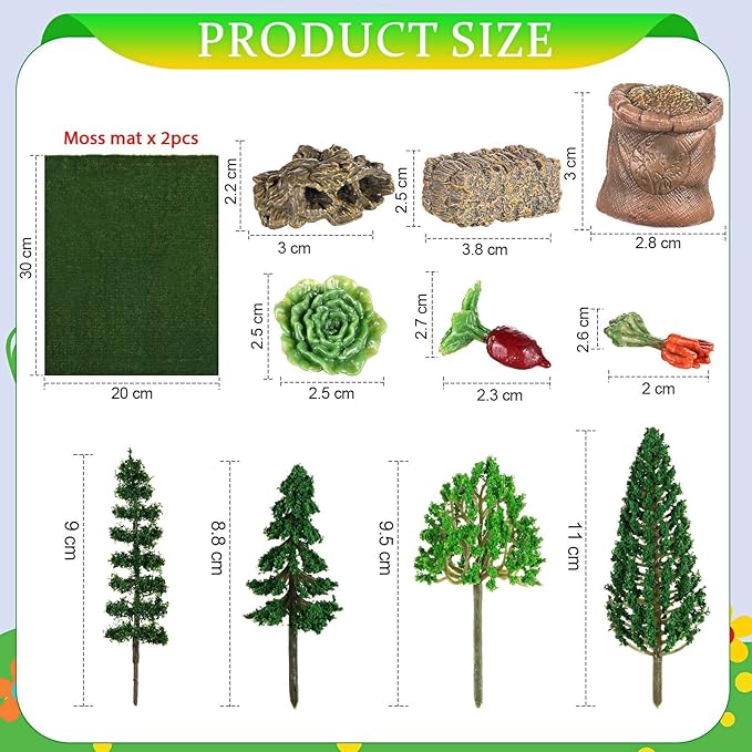27 Pcs Farm Toys Set, 3 Little Farmer Figurines 9 Plastic Animals Figurines 10 Feed Food Fence Playset 4 Model Trees 1 Moss Mat Animal Farm Toys for Educational School Project Gift-PurrikoPets