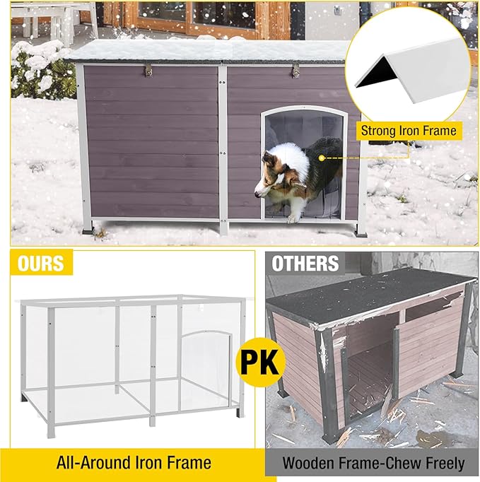 Aivituvin Outdoor Dog House 59" Extra Large Insulated Dog Kennel with Insulation Liner for Winter,All-Around Iron Frame-PurrikoPets