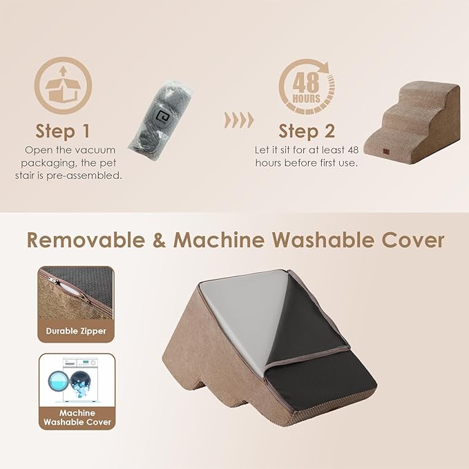 EHEYCIGA Curved Dog Stairs Ramp for Small Dogs 15.7" H, 3-Step Dog Steps for Couch Sofa and Chair, Pet Stairs for Cats, Non-Slip Balanced Pet Steps Indoor, Camel-PurrikoPets