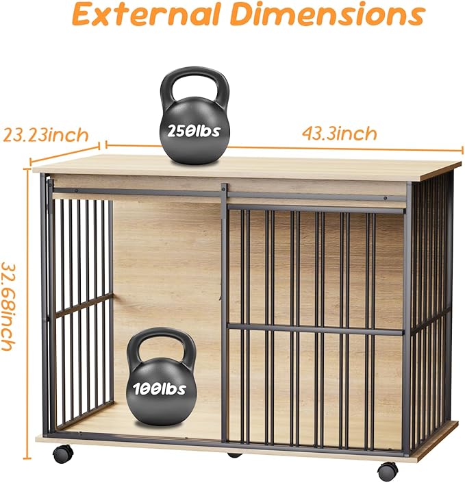 43.7" Dog Crate Furniture, XL Dog Crate Dog Kennel Indoor with Wheels for Large Medium Small Dogs, Wooden Dog Kennel End Table with Sliding Door Wooden Furniture Crates for Living Room, Bedroom-PurrikoPets
