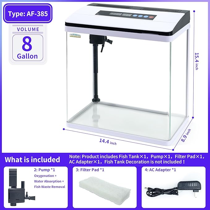 8 Gallon Fish Tank Starter Kit: Glass Aquarium w/Eco-Cycle Filter, 7-Color LED & Air Pump for Betta. Features 360° Crystal View, Temp/Time Display & Quiet Operation All-in-One Aquarium Kit-PurrikoPets