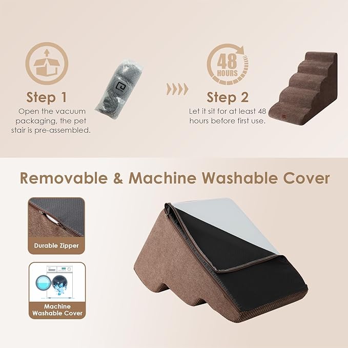 EHEYCIGA Curved Dog Stairs Ramp for High Beds 22.6" H, 5-Step Dog Steps for Small Dogs and Cats, Pet Stairs for High Bed Climbing, Non-Slip Balanced Pet Step Indoor, Brown-PurrikoPets