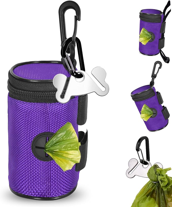 Dog Poop Bag Holder for Leash Attachment - Waste Bag Dispenser for Leash - Fits Any Dog Leash - Portable Set with Hand Free Holder Metal Carrier, Round Shape, Purple-PurrikoPets