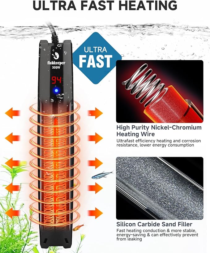 fishkeeper 300W/500W/800W Submersible Aquarium Heater for 40-220 Gal (Run-Dry/Overheat/Low-Temp Protection)(Precision Electronic Smart Thermostat)(Adjustable Temperature) Ultra-Safe Fish Tank Heater-PurrikoPets